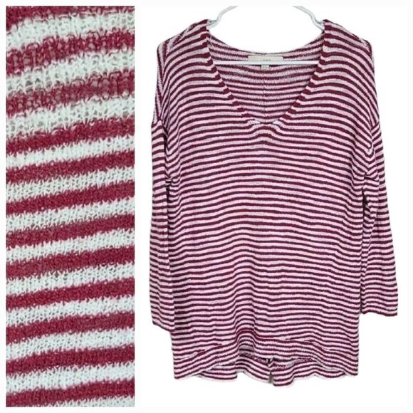 LOFT Red & White Stripe Oversize High Low Split Back V-neck Sweater Slub Knit XS - Picture 1 of 8